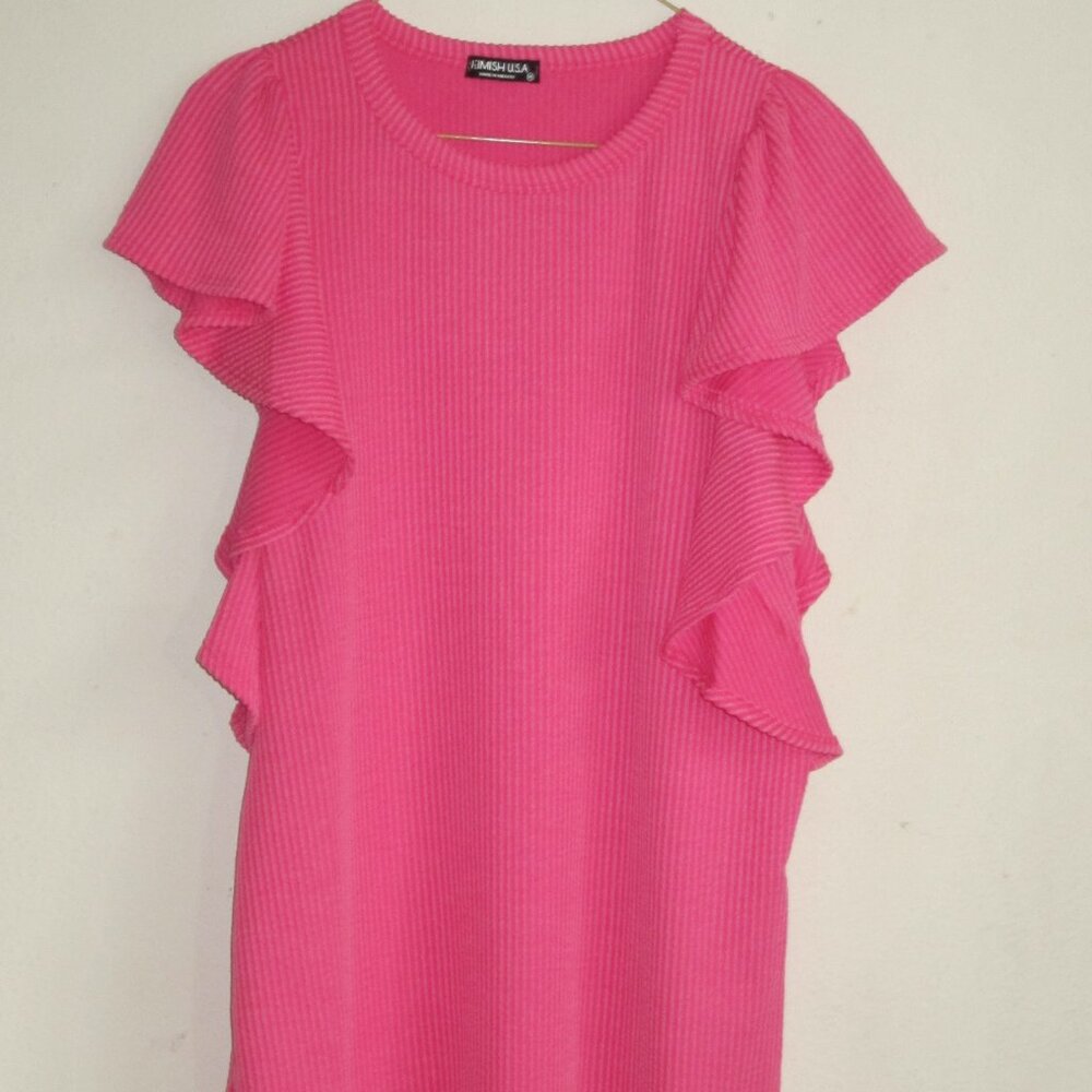 Heimish Ruffled Sleeve Round Neck Urban Stretchy Ribbed Solid Top New